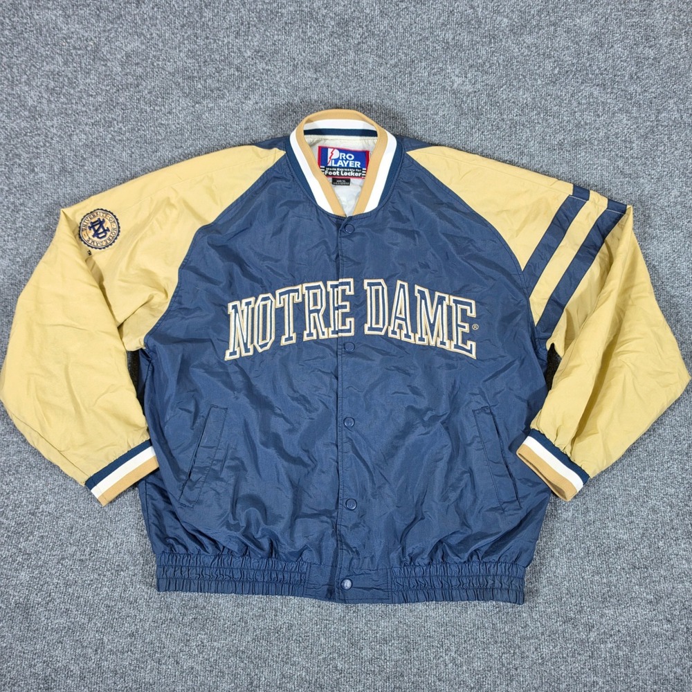 Vintage 90s Pro Player Notre Dame Snap Bomber Jacket Blue Mens Size XL College